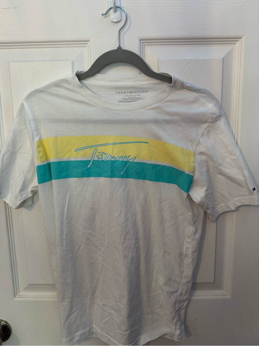 Tommy Hilfiger White Short-Sleeve Tee with Yellow & Teal Stripe Graphic